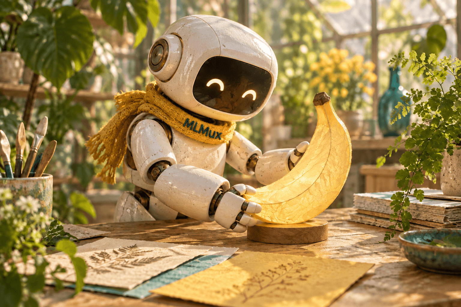 Ein Keramikroboter mit MLMux-Stickerei auf dem senffarbenen Schal, der in einem botanischen Atelier eine leuchtende bananenförmige Papierlampe arrangiert