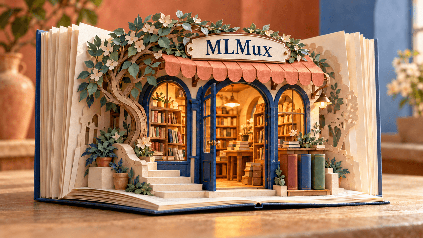 Ein Pop-up-Buch verwandelt sich in eine kleine Papierbuchhandlung mit einem MLMux-Schild an der Fassade
