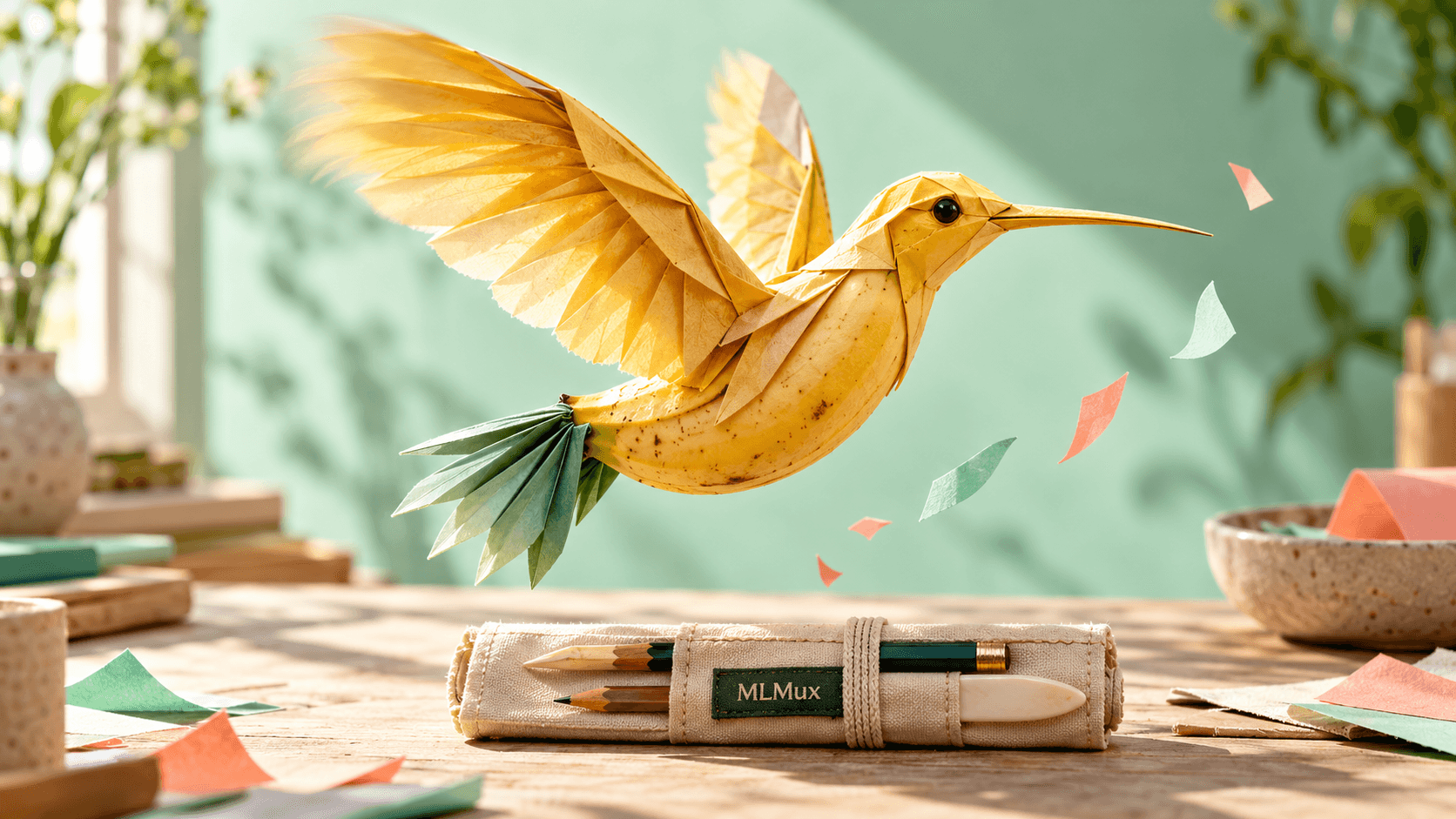Eine Banane verwandelt sich in einen Origami-Kolibri über einer Künstler-Werkzeugrolle mit MLMux-Stoffetikett