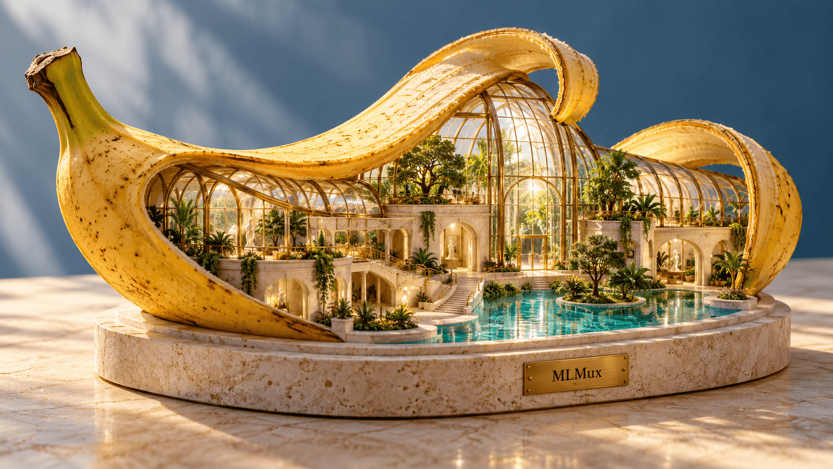 Ein filigranes Gewächshaus aus einer Bananenschale mit Glasbögen, Miniaturgärten und einer gravierten MLMux-Messingplakette