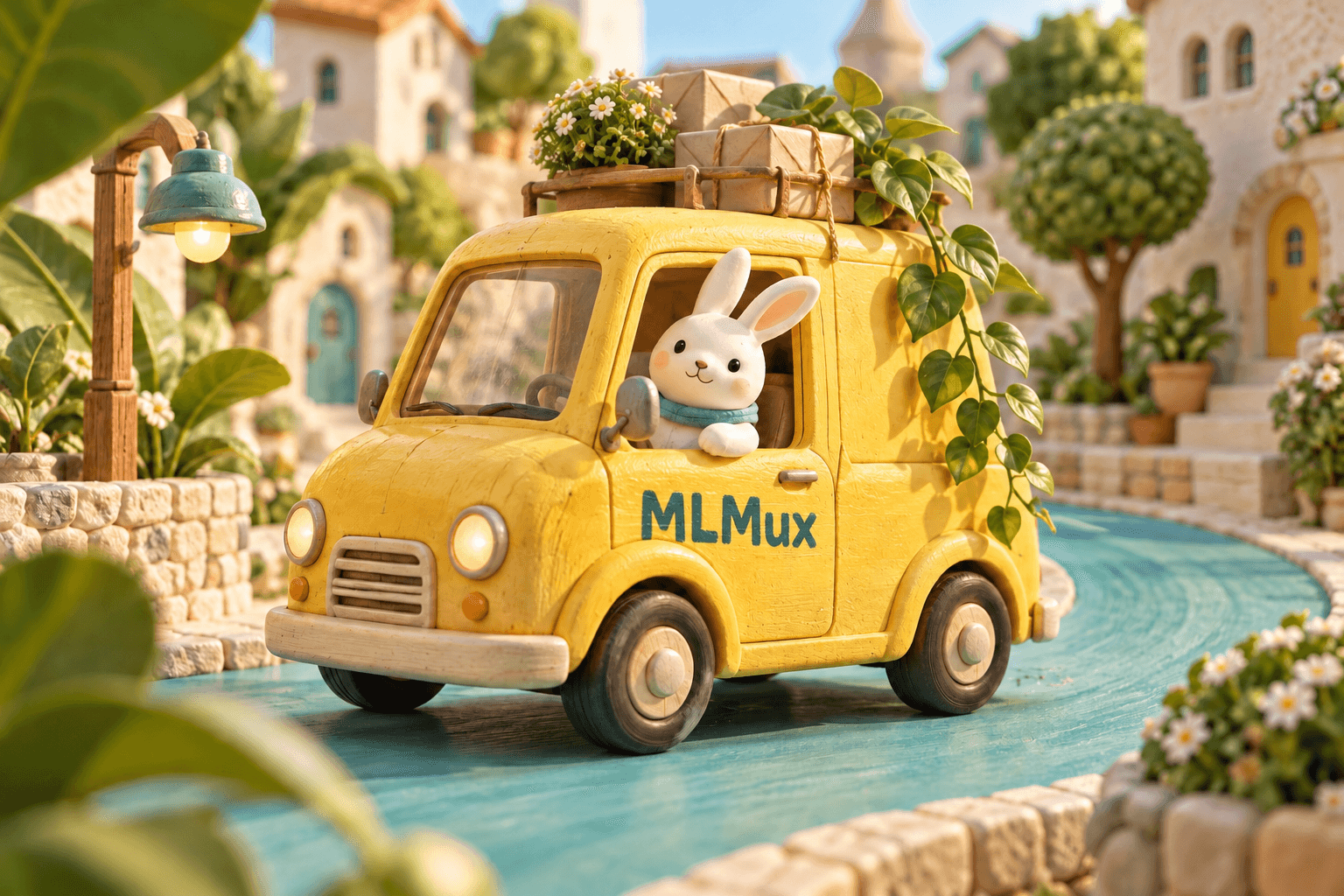 Ein gelber Miniatur-Lieferwagen mit MLMux-Aufschrift auf der Tür und ein Keramikkaninchen in einer botanischen Spielzeugstadt, ein Animations-Konzeptbild
