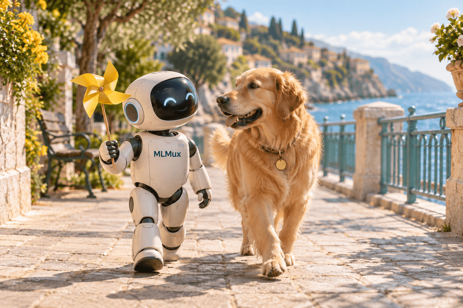 Ein elfenbeinfarbener Roboter mit MLMux-Werksprägung auf der Brust spaziert mit einem Golden Retriever am Meer, ein Konzeptbild zur Charakterinteraktion